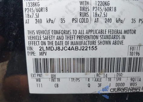 2010 Lincoln Mkx z USA, uszkodzony, nr VIN 2LMDJ8JC4ABJ22155